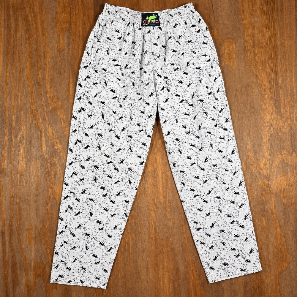 Vintage Gecko Hawaii Mens Large Nylon Beach Pants White Black All Over Print